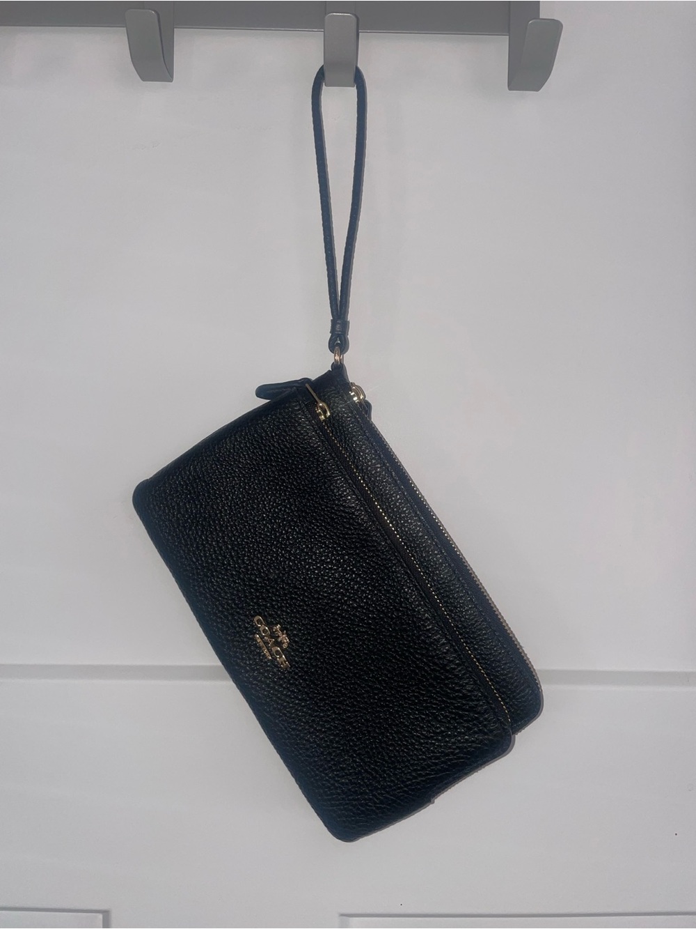 Coach Black Pebbled Leather Wristlet with Gold Hardware